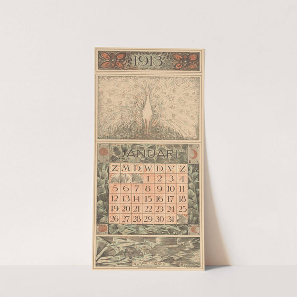 Kalenderblad januari met pronkende pauw by Theo van Hoytema