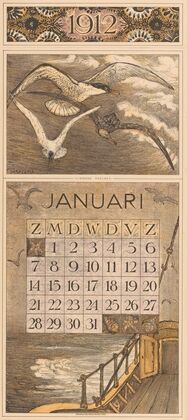 Kalenderblad januari met schip en meeuwen