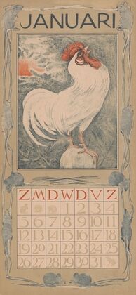Kalenderblad januari met witte haan