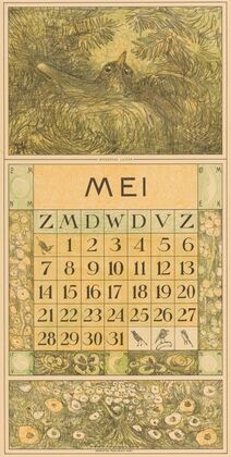 Kalenderblad mei met broedende lijster