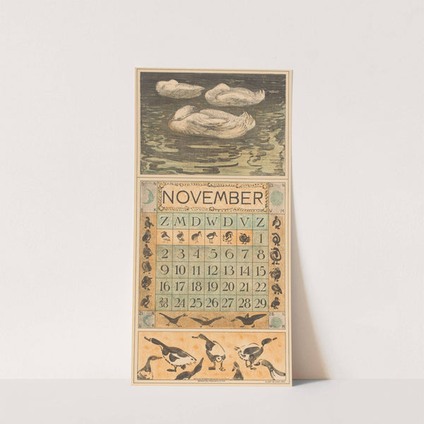 Kalenderblad november met drie slapende eenden by Theo van Hoytema