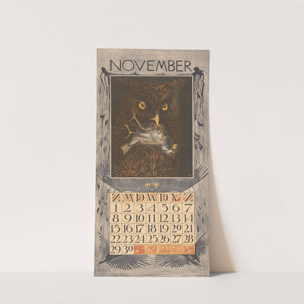 Kalenderblad november met uil en mus by Theo van Hoytema