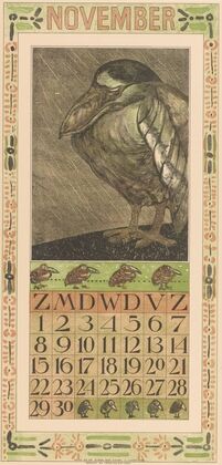Kalenderblad november met vogel in de regen