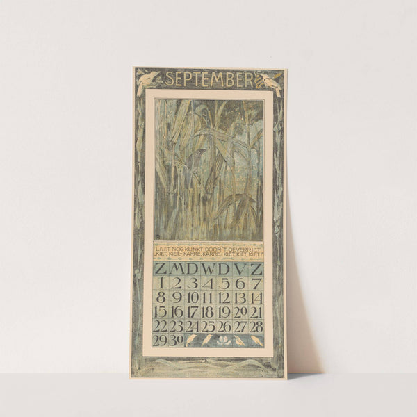 Kalenderblad september met vogel in het riet by Theo van Hoytema