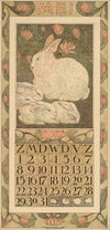 Kalenderblad voor mei 1910 met een wit konijn met vier jongen