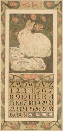 Kalenderblad voor mei 1910 met een wit konijn met vier jongen