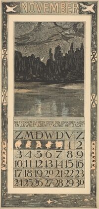 Kalenderblad voor november 1907 met trekvogels in een nachtlandschap