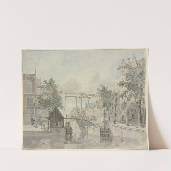 Kanal mit Schleusentor, links kehrt eine Magd die Straße by Johannes Huibert Prins