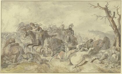 Kavallerieangriff gegen Infanterie, rechts ein sterbender Tambour