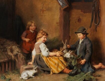 Kinder mit Hasen im Stall (1870)