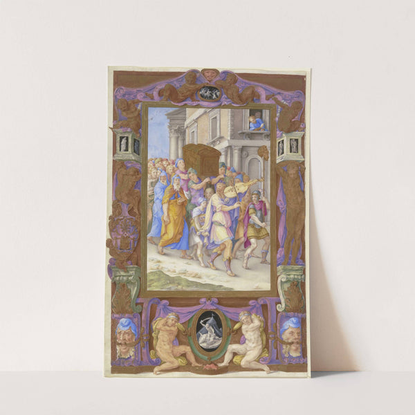 King David Dancing before the Ark of the Covenant, in a Decorative Frame (ca. 1540) by Giulio Clovio