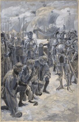 King Henry V, II, 2, as acted at the Lyceum, King Henry and Lords Scroop, Grey, and Cambridge, Lewis Waller (King Henry V) (1901)