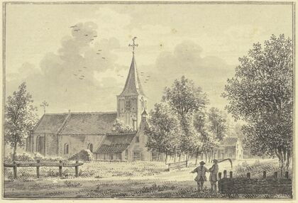 Kirche an der Landstrasse, rechts zwei Männer, der eine trägt eine Sense