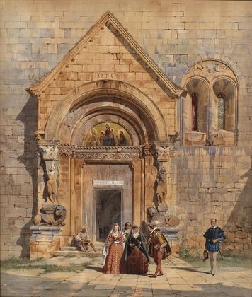 Kirchenportal und Personengruppe
