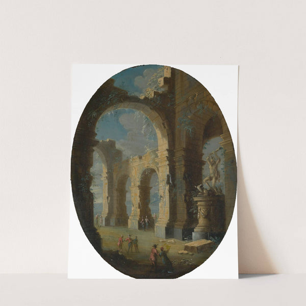 Kirchenruine mit Figuren und Herkulesstandbild by Leonardo Coccorante