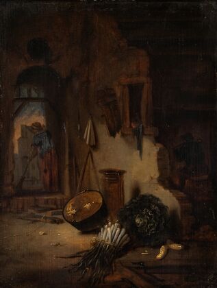 Kitchen Interior with Woman sweeping
