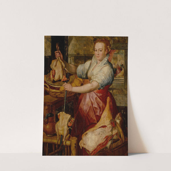 Kitchen maid preparing meat with Christ in the House of Mary and Martha beyond by Workshop of Joachim Beuckelaer