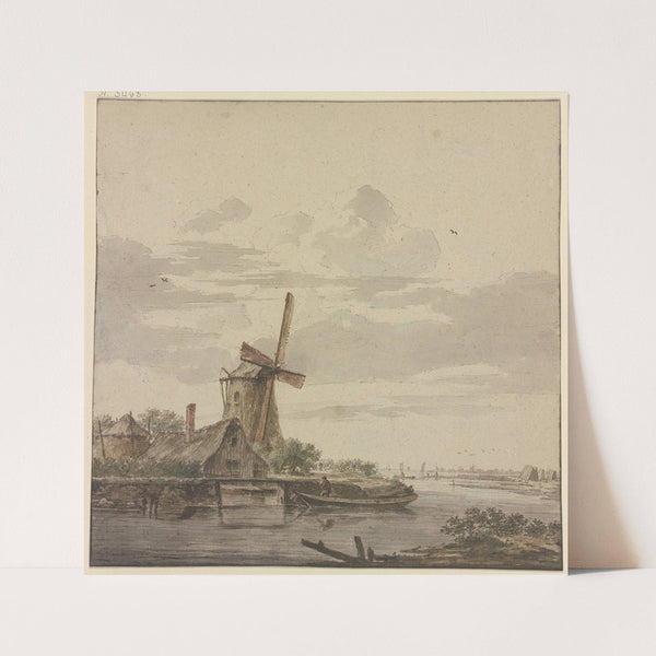 Kleiner Fluss, der ins Meer mündet, links eine Windmühle by Hendrik Kobell