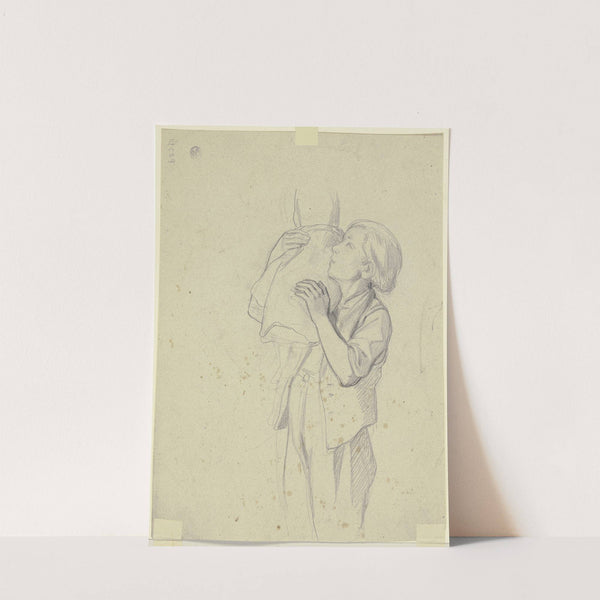 Kleiner Junge mit geschultertem Sack, aus dem ein Pferd frisst by Jakob Becker
