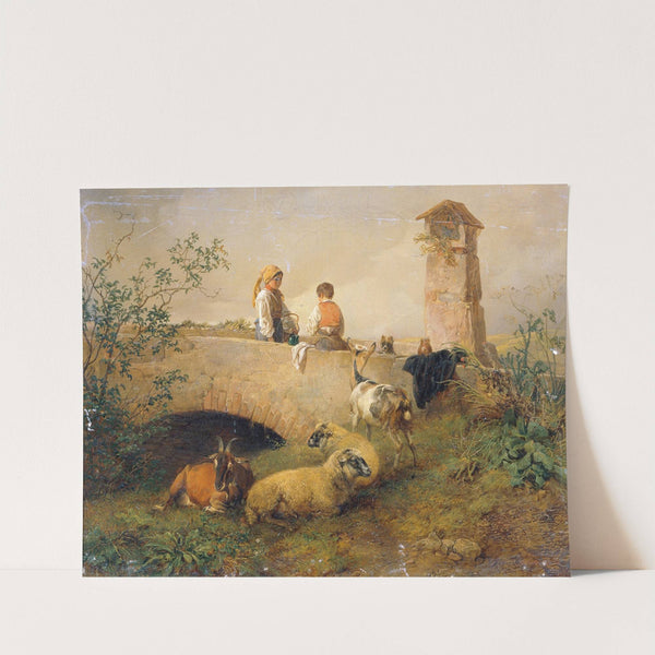 Knabe und Mädchen mit Schafen und Ziegen by Leopold Brunner the younger