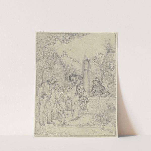 Knecht mit Pferd und Bauernkindern an einem Dorfbrunnen by Karl Sandhaas