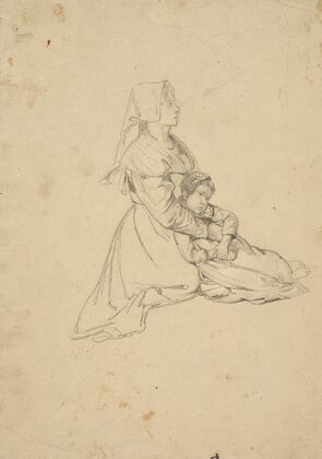 Kneeling Italian girl, holding her daughter