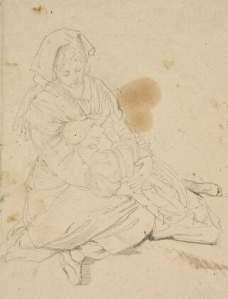 Kneeling Italian woman holding a praying girl
