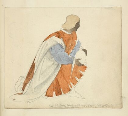 Kneeling man in tunic holding a jug