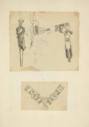Knife in a sheath, belt with attachment and hook, belt buckle; Two buckles joined with ornamental hardware