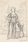 Kompositionsudkast til et portræt af en ung pige med højre hånd i siden og venstre arm om halsen på sin hund, stående ved en havetrappe (1790 – 1799)