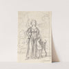 Kompositionsudkast til et portræt af en ung pige med højre hånd i siden og venstre arm om halsen på sin hund, stående ved en havetrappe (1790 – 1799) by Jens Juel