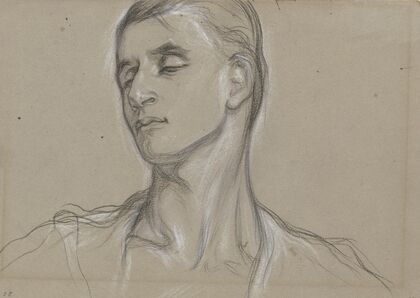 Kopf eines jungen Mannes, leicht nach links gewandt, mit geschlossenen Augen