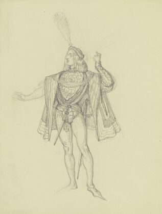 Kostümfigur mit Barett und hoher Feder