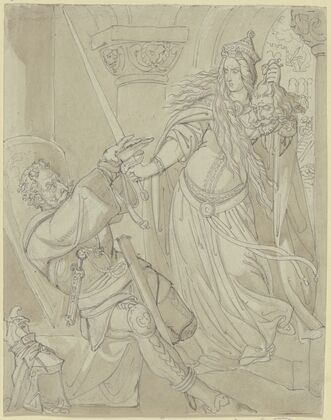 Kriemhild mit Gunthers Kopf vor Hagen
