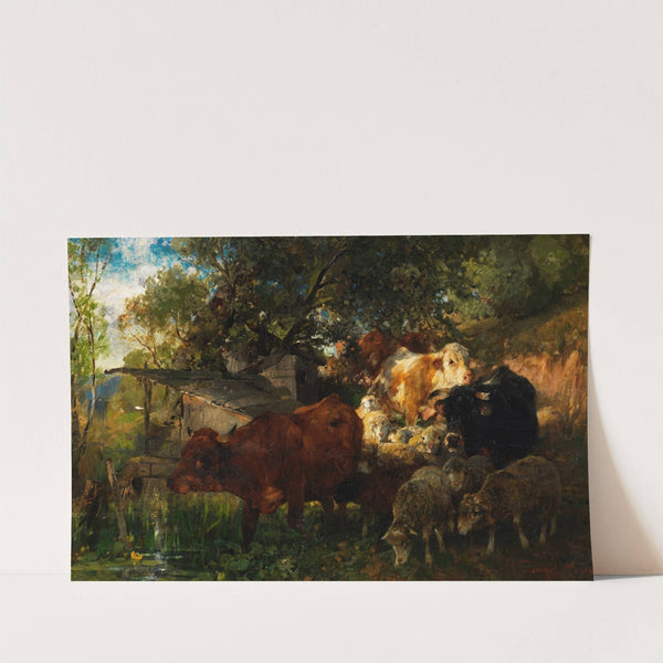 Kühe und Schafe an der Tränke (ca 1880) by Heinrich Von Zügel