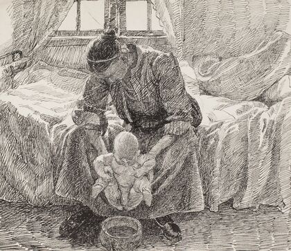 Kunstnerens hustru der holder sit barn frem