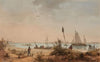 Küstenlandschaft mit Fischern und Segelschiffen in der Ferne