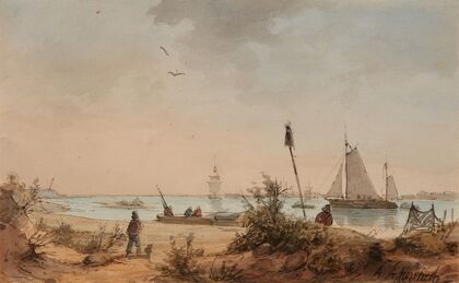 Küstenlandschaft mit Fischern und Segelschiffen in der Ferne