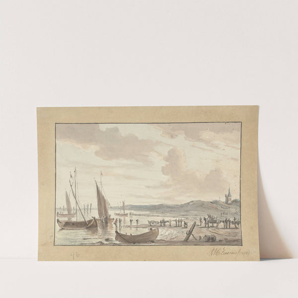 Kustgezicht met zeilschepen en kerktoren by R.A.C. Ziesenis