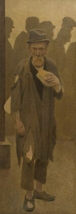 La Bouchée de pain; vieil homme en haillons, de face, tenant un morceau de pain