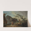 La Cascade; A Rocky Hillside With A Peasant Woman And Child Near A Waterfall And Boys Resting By A Blasted Tree by Hubert Robert
