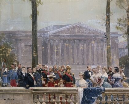 la famille impériale entourée de nombreuses personnalités du Second Empire devant le palais Bourbon