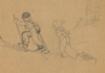 La petite skieuse et son amie tirant leur traineau (1930s)