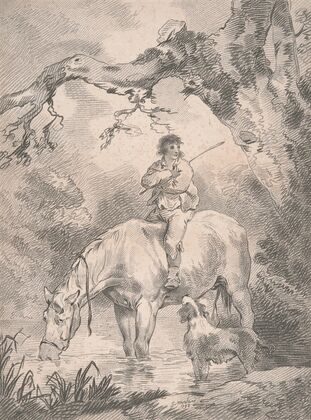 Lad astride a horse in a stream