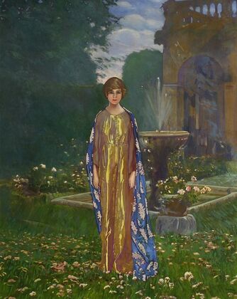 Lady in the garden at a fountain – Springtime