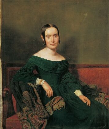 Lady in vermilion dress