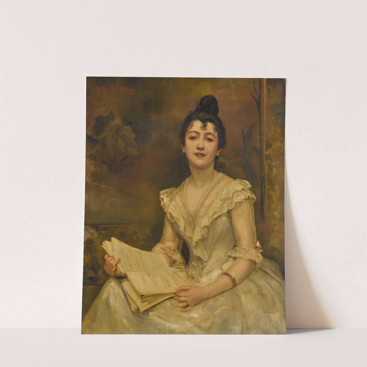 Lady in white reading a music score by Caroline Feuillas-Creusy