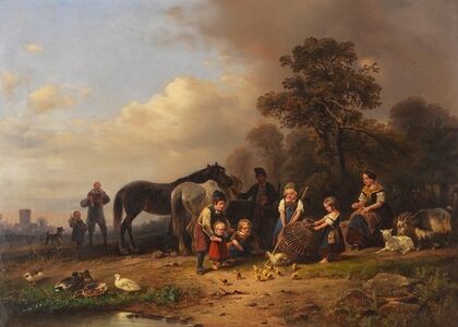 Ländliches Vergnügen. Bauernfamilie bei einem Korbe mit jungen Hühnchen