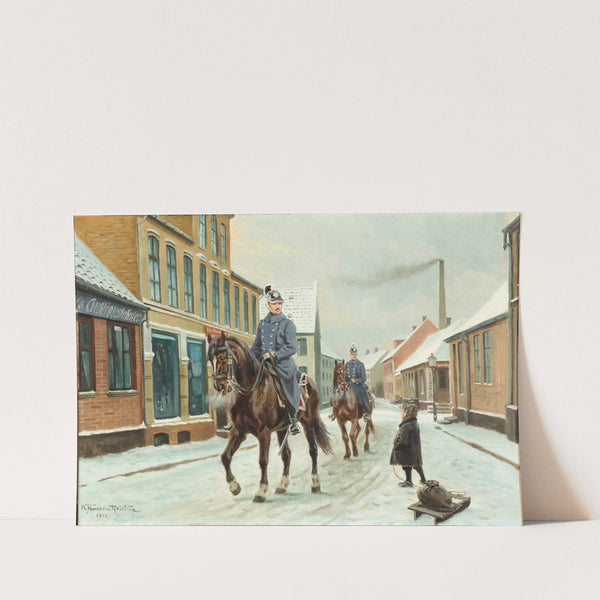 Landsbygade med dragoner og dreng med slæde, vinter by Karl Hansen Reistrup