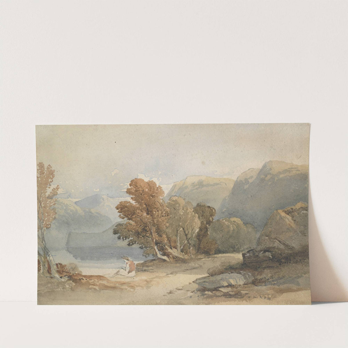 Landscape, lake and figure by John Varley